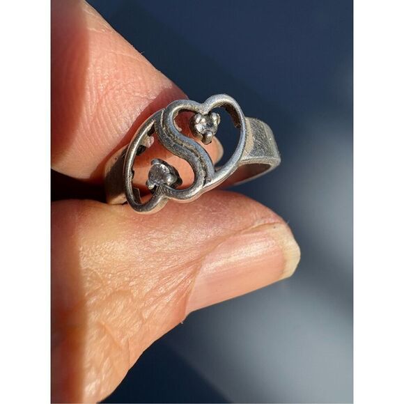Handmade Jewelry - Ring, Sterling Silver Intertwined Hearts Ring set with2 Cubic Zirconia, NEW, siz